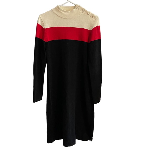 Talbots Sweater Dress Mock Neck Button Shoulder Black Red Cream Size Small - Picture 1 of 4